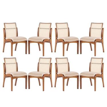 Imagem de Kit 8 Cadeiras de Jantar em Madeira Lisboa Encosto Rattan Estofada Lin