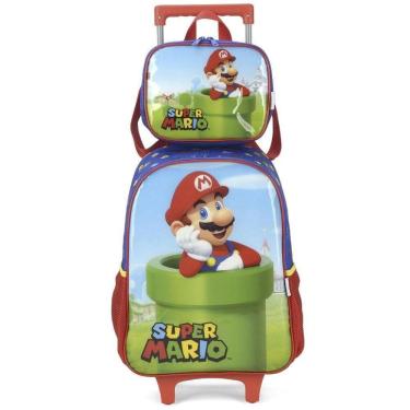 Imagem de Kit Mochila Rodinha Lancheira Inantil Escolar Menino Super Mario Bros Cano Vermelho