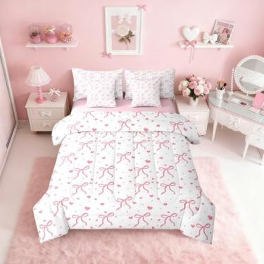 Imagem de Erosebridal Conjunto de edredom King com laço rosa e laço kawaii em uma bolsa, 7 peças, conjunto de cama com laço fofo e coração fofo