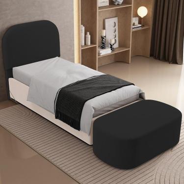 Imagem de Cabeceira Cama Box 100cm Lanna Com Puff Recamier Doha W01 Suede Preto - Lyam Decor