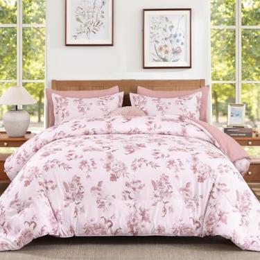 Imagem de Dinjoy Conjunto de edredom floral, Queen, 7 peças, rosa, com lençol elegante, em uma bolsa com flores botânicas, edredom leve em aquarela, decoração moderna para todas as estações