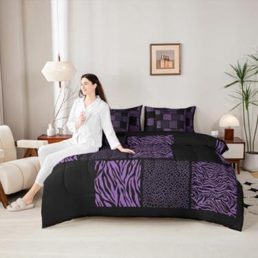 Imagem de Jogo de cama casal de pele de zebra de leopardo, 7 peças, safári africano, animal selvagem, pele de guepardo, roxo e preto em uma bolsa para jovens, conjunto de edredom xadrez geométrico com lençóis