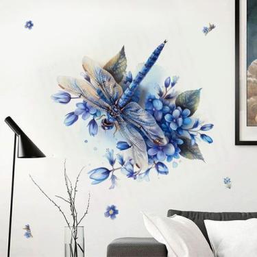 Imagem de Adesivos de parede Libélula azul com flores PVC 40x40cm - yiweisai