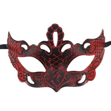 Imagem de Máscara veneziana vermelha e preta com glitter PVC elegante de meia fa