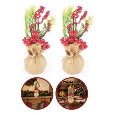 Imagem de 2 Vasos Flores E Frutos 20cm Mesa Decoração Sala Palha Vermelho - winc