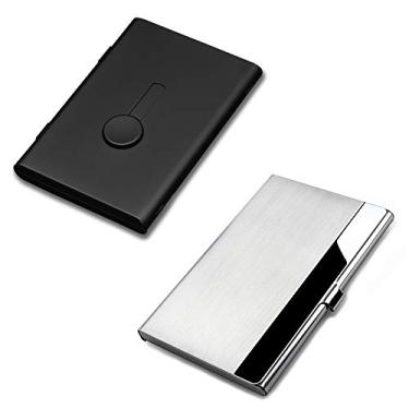 Imagem de 2 suportes para cartões de visita, SENHAI Professional Thumb-Drive Slide Out porta-cartões de visita e carteira de aço inoxidável com nome de identificação para homens e mulheres - preto, Preto/branco, Medium