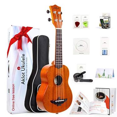 Imagem de AKLOT Ukulele Soprano Ukelele de mogno sólido de 53 cm para jogador profissional com kit iniciante do Reino Unido (Gig Bag, palhetas, afinador, alça, corda, pano de limpeza, manual de iniciante)