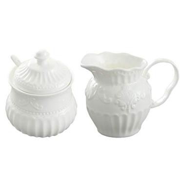 Imagem de FUYU Conjunto de jarra de creme e açucareiro de cerâmica branca Relief