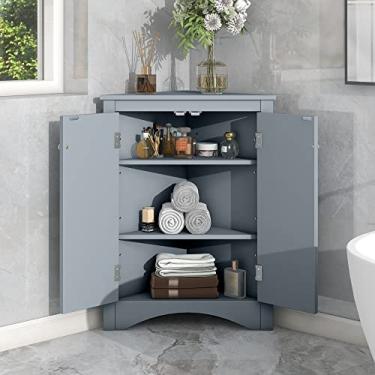 Imagem de Armário de canto de chão de banheiro armário de armazenamento triangular com prateleiras ajustáveis, armários de chão decorações para casa cozinha banheiro, cinza (azul)