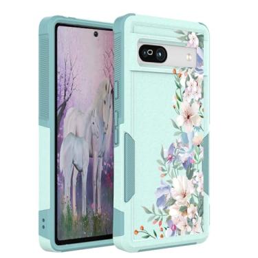 Imagem de Ftonglogy Capa para Google Pixel 7a 5G com protetor de tela + protetor de lente de câmera: linda flor floral design para meninas e mulheres capa de celular de silicone amortecedor de ar TPU (azul-petróleo/magnólia)