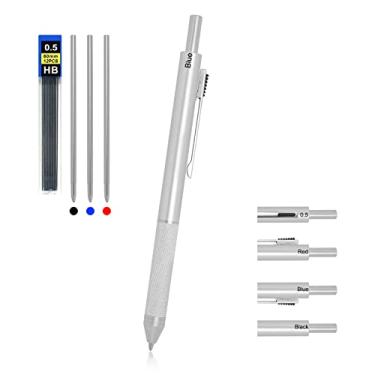 Imagem de YOUMI Caneta multifunções 4 em 1 multifunções com caixa de metal lapiseira de 0,5 mm, caneta esferográfica vermelha, caneta esferográfica azul e caneta esferográfica preta presente para diário (prata)