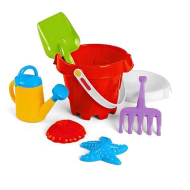Imagem de Conjunto de brinquedos de praia infantil, 6 peças com balde, regador, ancinho, pá e molde de estrela do mar, cores sortidas (VERMELHO)