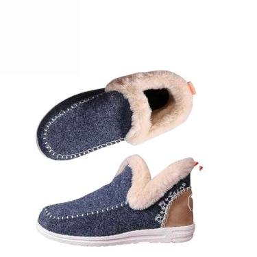 Imagem de Women's Flat Fluffy Ankle Boots, Faux Fur Lining Anti-Slip Ankle Boots, Mini Boots Ankle, Fashion Casual Round Toe Plush Short Booties, Soft Plush Slip-On Sneakers for Cozy Feet. (Navy,9)
