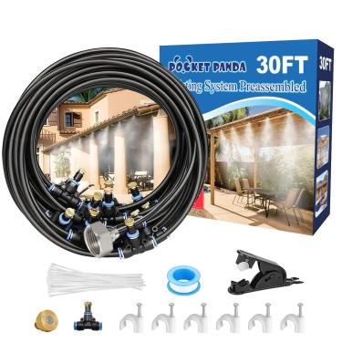 Imagem de Misters pré-montados para pátio externo, sistema de resfriamento de névoa de água ao ar livre, 9 m | kit de névoa de quintal para jardim, estufa, deck, guarda-chuva, dossel, piscina, varanda. Aspersor