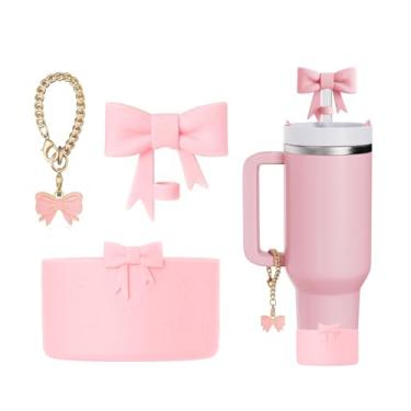 Imagem de AXMCCH Tampa de garrafa de silicone de 7,5 cm e topo de canudo em forma de laço de 10 mm para copo Stanley de 340 a 1,134 g (3 peças rosa)