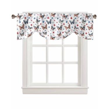 Imagem de Cortinas de amarrar borboleta com bandeira dos EUA para janelas, Dia da Independência, vermelho, azul, estrelas, retrô, com bolso de haste, cortina de amarrar, ajustável, tratamento de janela curta
