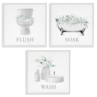 Imagem de Stupell Industries Regras de banheiro com eucalipto 3 peças de arte giclée emoldurado branco design por Lettered and Lined, 12 x 12