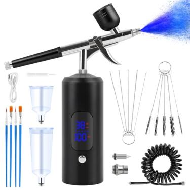 Imagem de Kalolary Kit De Aerógrafo 38 Psi Com Compressor, Compressor Recarregável Alta Pressão Para Barbeiro, Arte Em Unhas, Decoração Bolos, Maquiagem, Pintura Modelos (Preto)