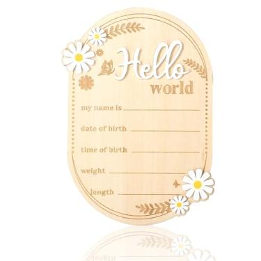 Imagem de Placa Madeira Anúncio Bebé, Placas Olá Mundo Recém-Nascidos Margarida Fofa Placa Boas-Vindas Chegada Bebé para Decoração Berçário Hospital Presentes Meninos Meninas Adereço Fotos