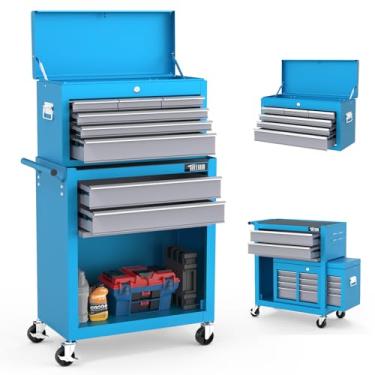 Imagem de TUFFIOM Caixa de ferramentas com rolamento de 8 gavetas, armário de armazenamento de ferramentas com rodas traváveis, parte superior destacável, gavetas e ganchos laterais, caixa organizadora de
