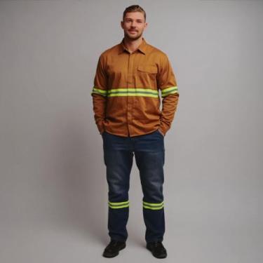 Imagem de Kit Conjunto Uniforme Camisa e Calça Jeans Brim Com Faixa Refletiva Co