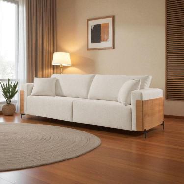 Imagem de Sofá Fixo Heitor 3 Lugares Luxo Pé de Metal 2,0m Castellar Móbile Linho Bege Claro