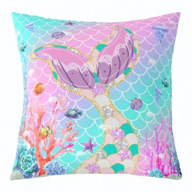 Imagem de Capa de almofada cauda de sereia 61 x 61 cm, capa de travesseiro infantil de escamas de peixe, capa de almofada arco-íris feminina, estampa de animais marinhos, lantejoulas, decorativa, quadrada