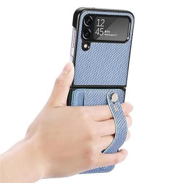 Imagem de Estojo tipo carteira de fibra de carbono para Samsung Galaxy Z Flip4 Flip 4 5 Flip3 Flip 3 Flip5 Zflip4 Pulseira titular do cartão, azul, para samsung Z Flip 4