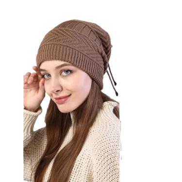 Imagem de Gorro feminino de malha elástica sólido cachecol quente para inverno, Caqui, tamanho �nico