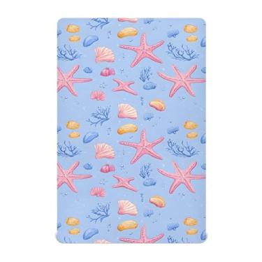 Imagem de Lençóis de berço padrão para berço e colchão infantil para meninos e meninas 99 x 68 cm padrão de concha de estrela do mar rosa (padrão de concha de estrela do mar rosa, médio)