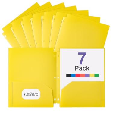 Imagem de Aegero Pastas perfuradoras de plástico de 3 furos com bolsos (pacote com 7, amarelo), serve para fichário de 3 anéis, pasta divisória para notebook, poliéster durável, comporta papel tamanho carta