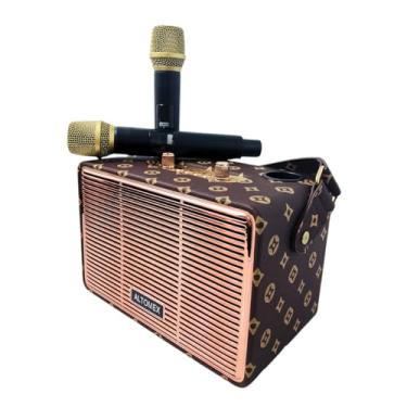 Imagem de Caixa de Som Karaokê Bluetooth, 100W PMPO, 2 Microfones Sem Fio, 20W RMS, Entrada USB, FM, TWS, Disponível em Preto, Laranja, Marrom, Rosa (Marrom)