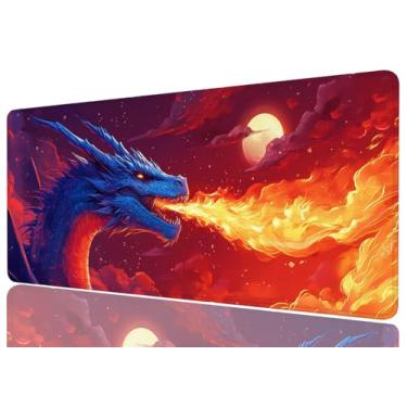 Imagem de Dragon Desk Mat Gaming Desk Pad Grande Mouse Keyboard Pad Fire Cartoon Colorido Fantasia Lua Cheia Tapete de Mesa para Teclado e Mouse Extra Grande Mesa Completo Almofadas de Computador Decoração de