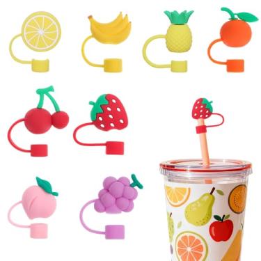 Imagem de 8 peças de topo de palha de frutas fofas capas de palha de silicone de 10 mm tampas de canudos de frutas reutilizáveis para beber tampas de 30 e 1,134 g acessórios para copos