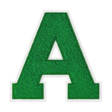 Imagem de 1 peça de patch de letra de chenille verde de 11,4 cm com borda branca – adesivos do alfabeto para roupas, jaquetas, mochilas, chapéus para decoração personalizada, nome personalizado e artesanato. (A