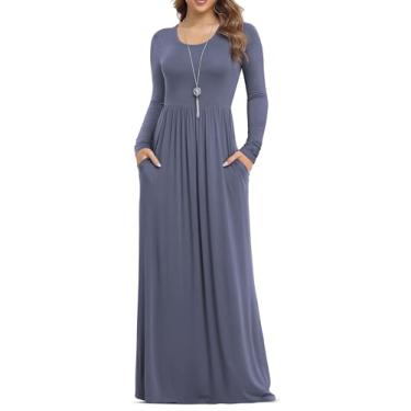 Imagem de VIISHOW Vestidos maxi femininos de manga comprida soltos e lisos, vestidos longos casuais com bolsos, 1 manga comprida roxo cinza, GG