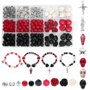 Imagem de arricraft Kit de 319 peças de contas de caveira góticas de Halloween, preto vermelho branco turquesa sintética crânio rosa flor contas de vidro strass espaçadores soltos para fazer joias, pulseiras