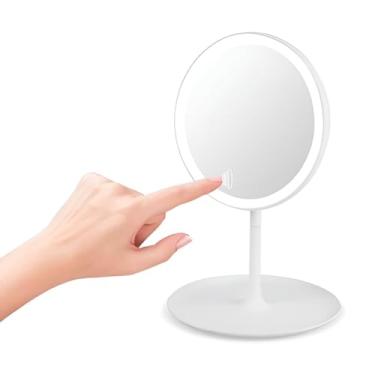 Imagem de Espelho de Maquiagem LED com Ring Light, Branco, Tela Touch, USB Recarregável, 3 Variações de Luz, 17cm, Base de Mesa, 30cm Altura