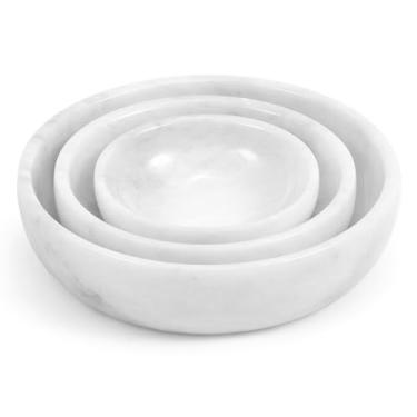 Imagem de SPESHSTONES Conjunto de 3 tigelas de mármore brancas pequenas e decorativas para servir molho de soja escura, armazenamento e itens essenciais de cozinha - Conjuntos de pratos de pedra para decoração