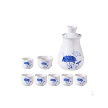 Imagem de CZCZC Conjunto de saquê de saquê de cerâmica branca para artesanato copo de saquê frio/quente/chá/saquê conjunto de saquê azul lótus pequeno copo de saquê garrafa de vinho potes de saquê