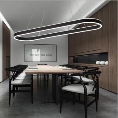 Imagem de Lustres de LED para mesas de jantar, escritórios amplos e salas de conferência, lustres de estúdio, balcões de bar ovais, lustres retangulares luxuosos com anéis brilhantes (preto, 120 cm)