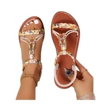 Imagem de Sandálias rasteiras de bico redondo estilo étnico, sapatos casuais de 