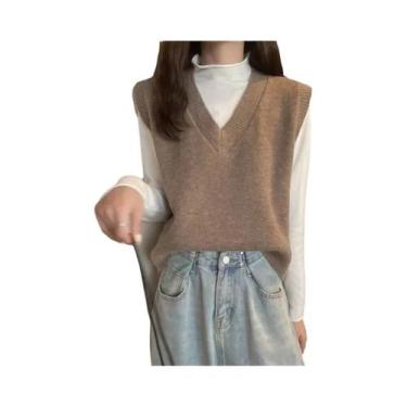 Imagem de Colete De Tricô Vintage Feminino Com Decote Em V, Sem Mangas, Suéter C
