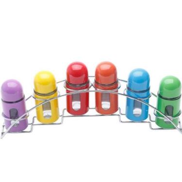 Imagem de Conjunto de 6 Porta Temperos em Aço Inox com Suporte Colorido - 33x6x1