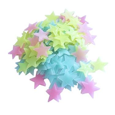 Imagem de Kiboule Adesivos de parede de estrelas 3D que brilham no escuro 100 peças adesivo de parede de plástico fluorescente luminoso para crianças quarto de bebê teto decoração de casa