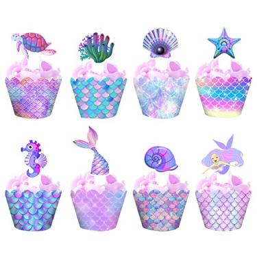 Imagem de Conjunto de 24 topos e envoltórios de sereia para cupcakes, tema de sereia, decoração de sereia para festas temáticas sob o mar, chá de bebê