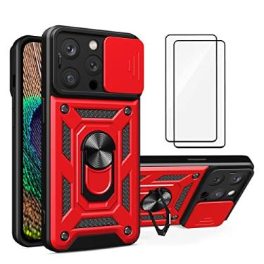 Imagem de Capa iPhone 14 Pro Case (2 pedaços de filme temperado Protetora) de Câmera Proteção de Tela Metal KickStand (Vermelho)