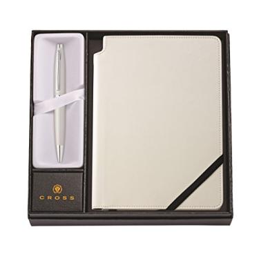 Imagem de Caneta esferográfica cromada de cetim Cross Calais, Caneta esferográfica e caderno branco, Satin Chrome
