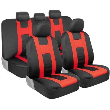 Imagem de BDK CarXS Forza Capas de assento de carro vermelhas conjunto completo, capas de banco dianteiro de dois tons com capa de assento traseiro combinando para carros, protetores de tecido de poliéster com design de banco dividido, capas internas automotivas