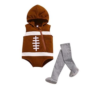 Imagem de Fantasia infantil para bebê menino menina jogador de futebol sem mangas roupa de rugby com zíper body com meia quente (macacão e meia com capuz de futebol, 12-18 meses)